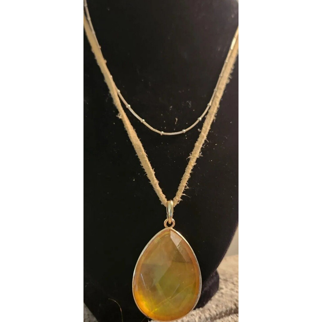 Vintage Faceted Teardrop Citrine Necklace Double Chain Suede And Silver Tone.