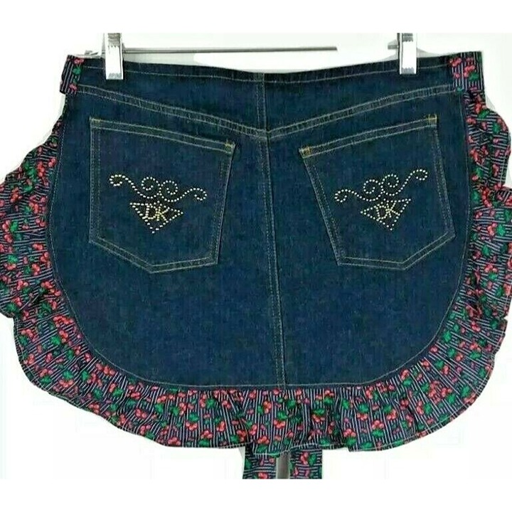 Crafted Denim Apron Repurposed Ruffle Jean Pockets Cooking Kitchen Blue Cherry