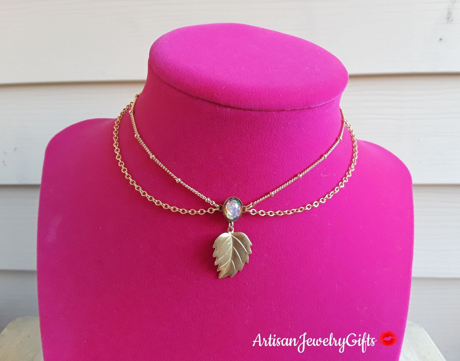 Layered Opal Gold Leaf Choker Necklace