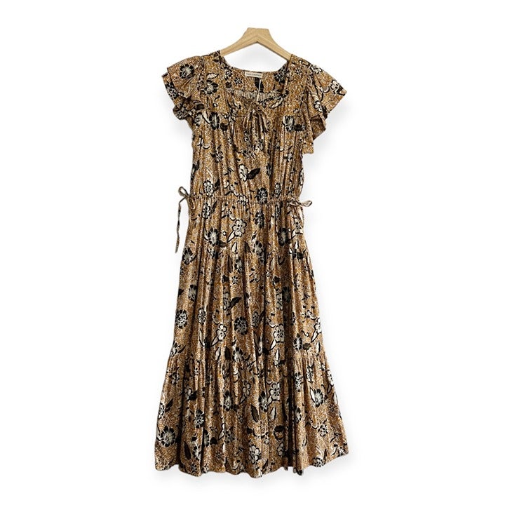 New with tag, ULLA JOHNSON   Zuma Printed Tie-front Midi Dress In Amber Size 2