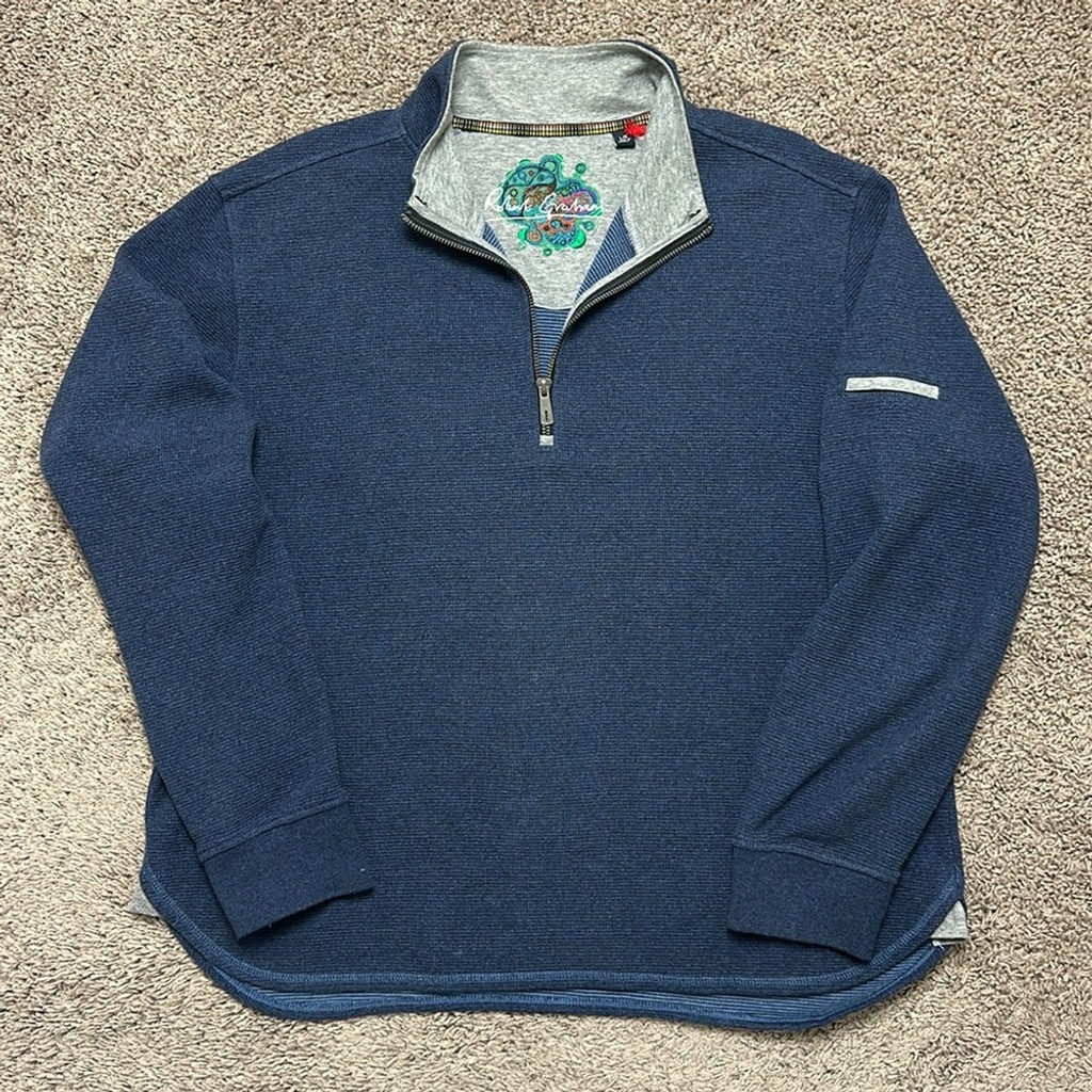 ROBERT GRAHAM Men’s Blue 1/4 Zip Long Sleeve Sweater Sleeve Pocket Size L