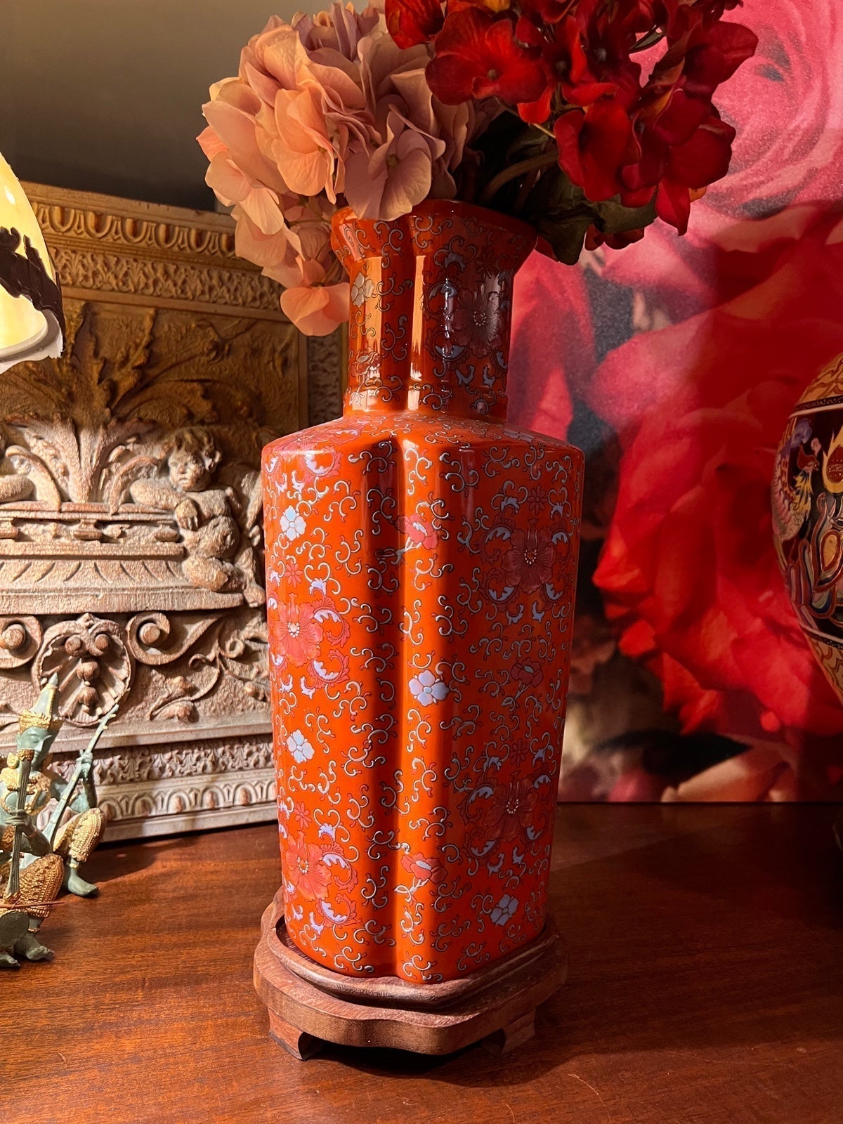 Rare Antique Oriental Dynasty Coral & Blue Hand Painted Vase