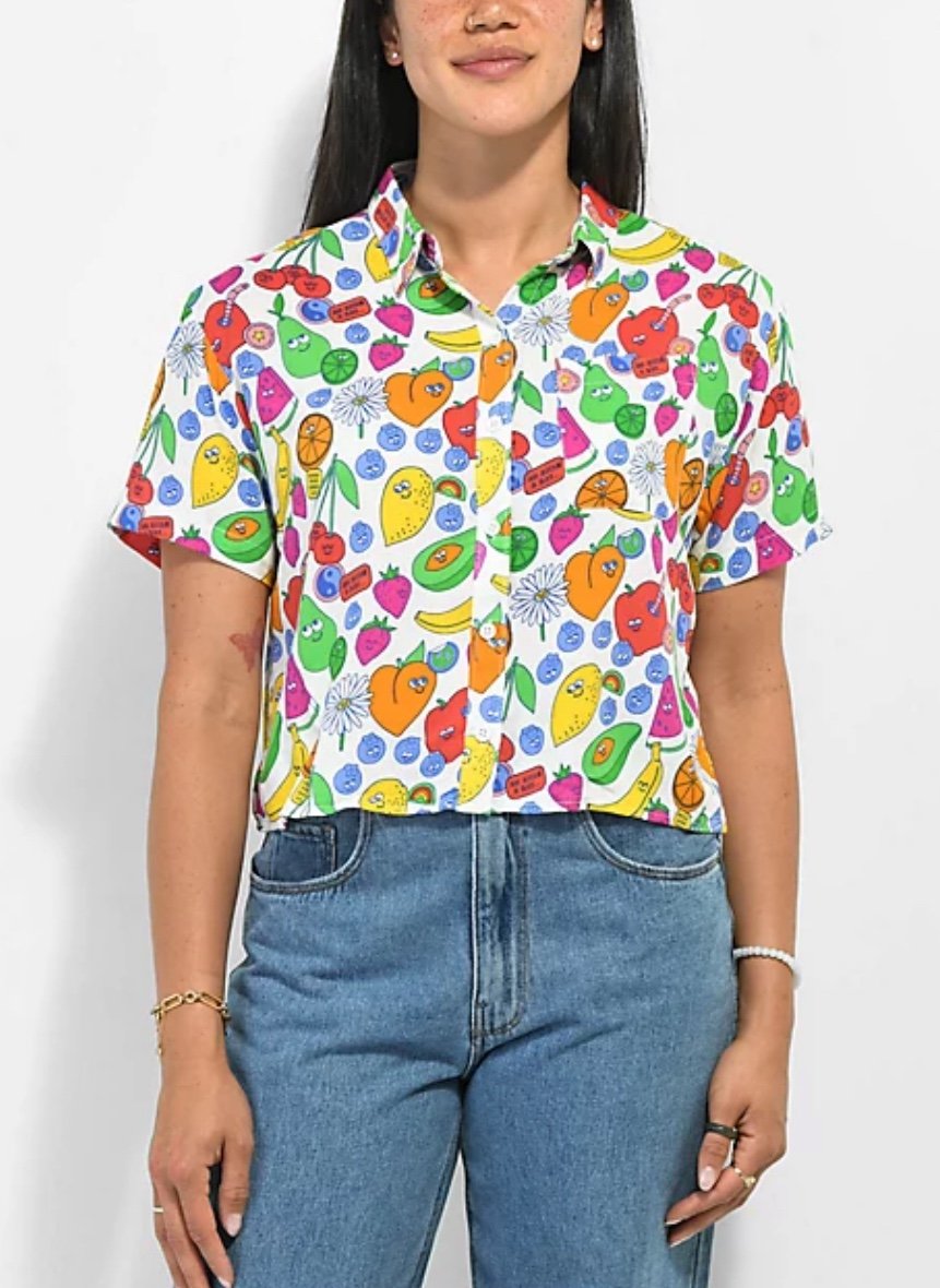 A.LAB Kona Mixed Fruit Graphic Print White Crop Short-Sleeve Button-Up Shirt - M