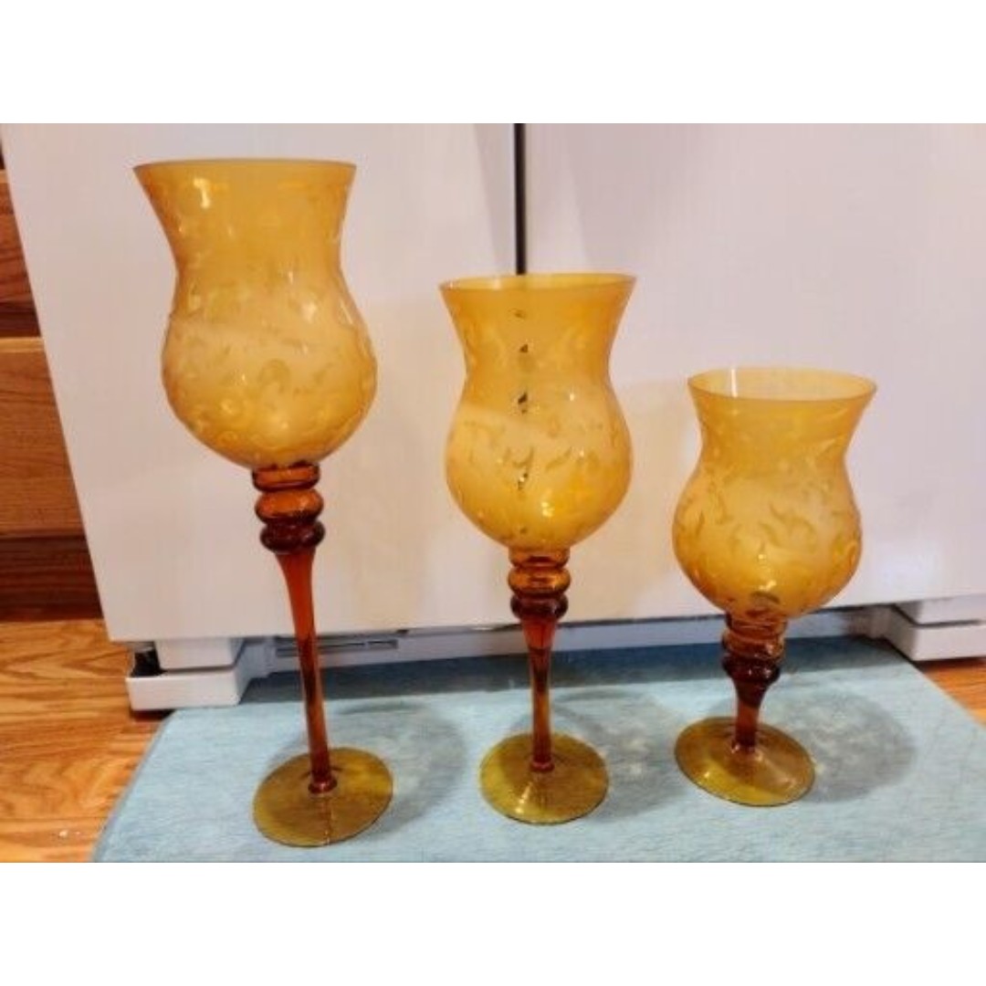 Vtg MCM Large Amber Glass Etched Graduated Pedestal Vases Set Of 3 Empoli?