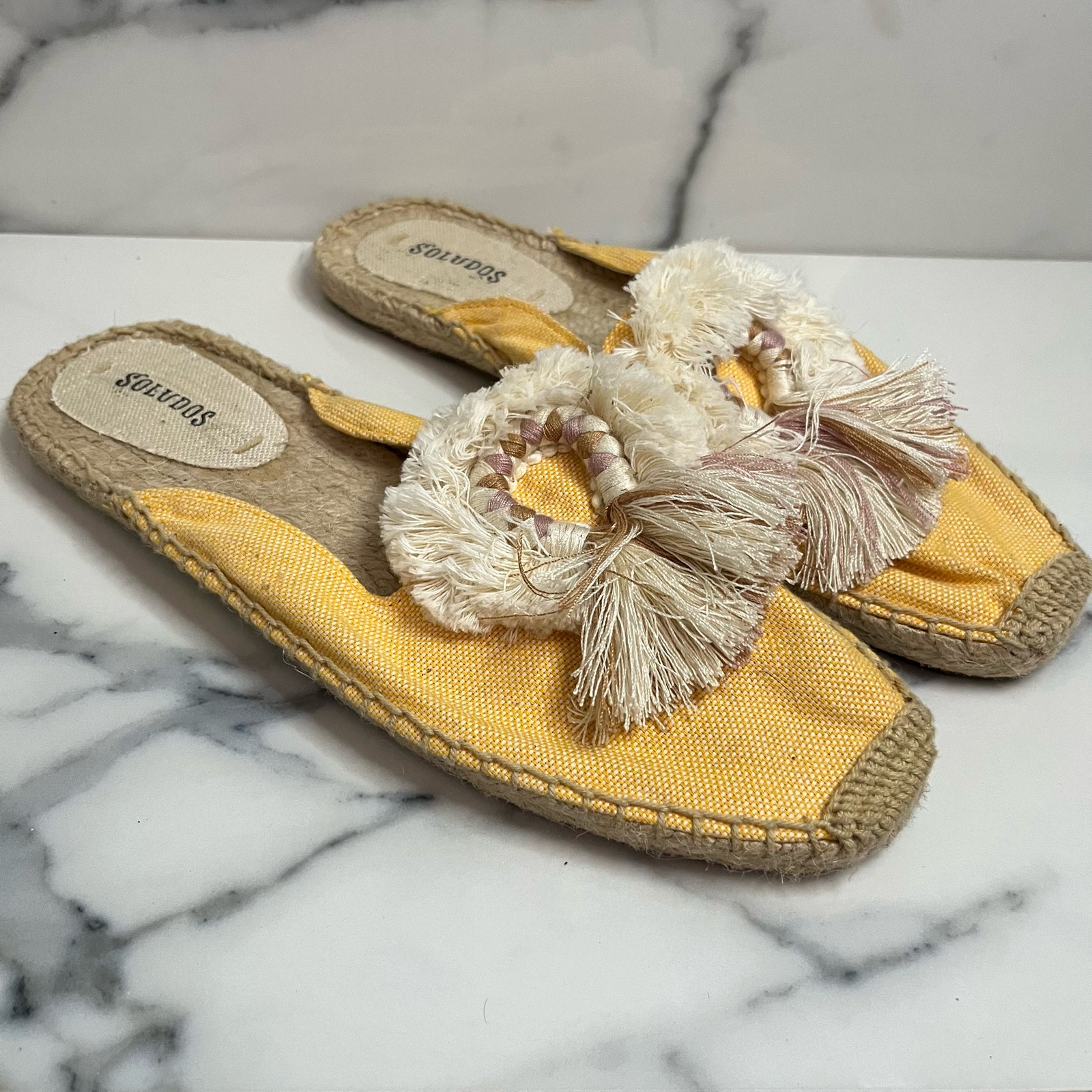 Soludos | Women's Yellow Cream Tassel Beachy Espadrille Mules Sz 8