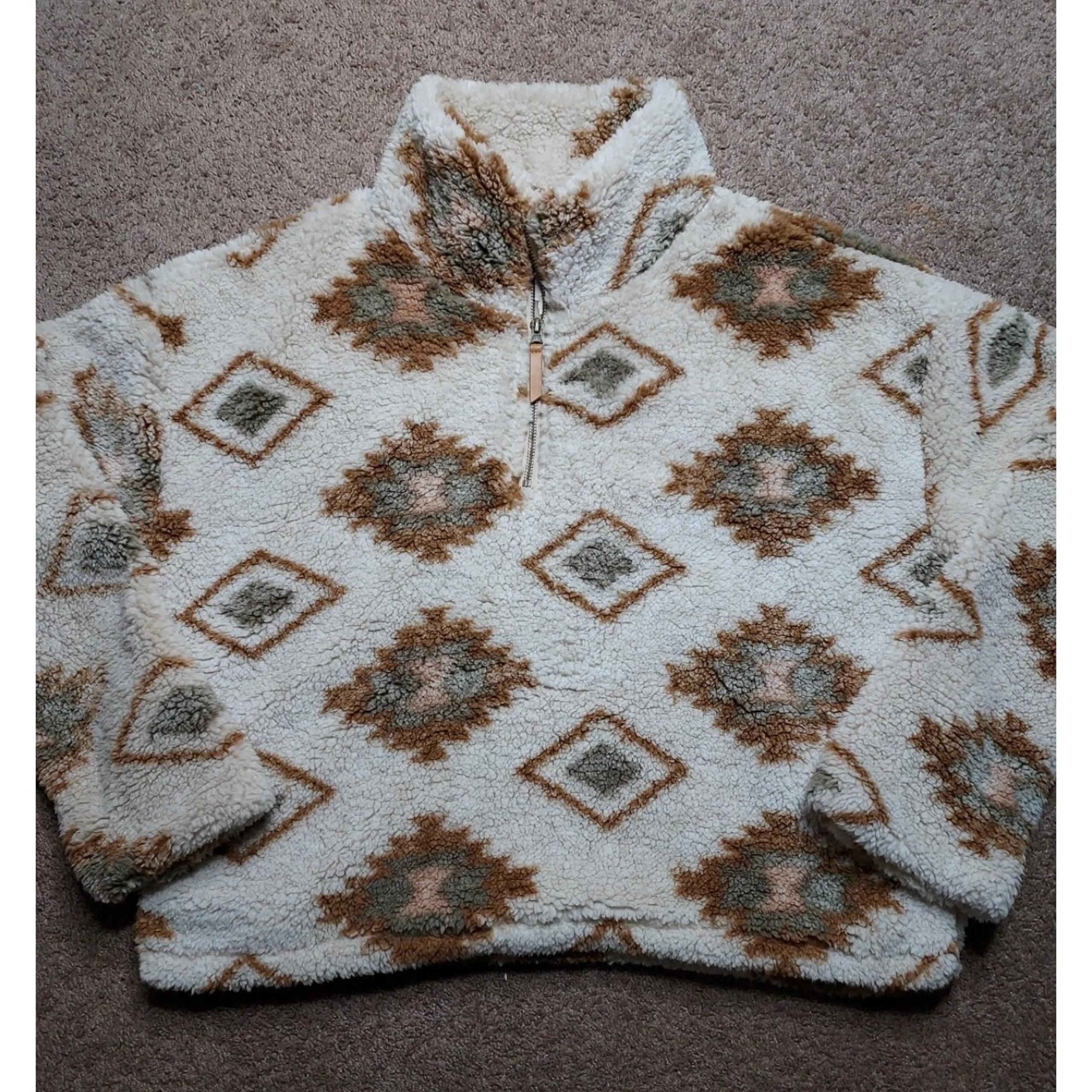 Women's Size Medium Thread & Supply Sherpa Quarter Zip Ivory Patterned Sweater