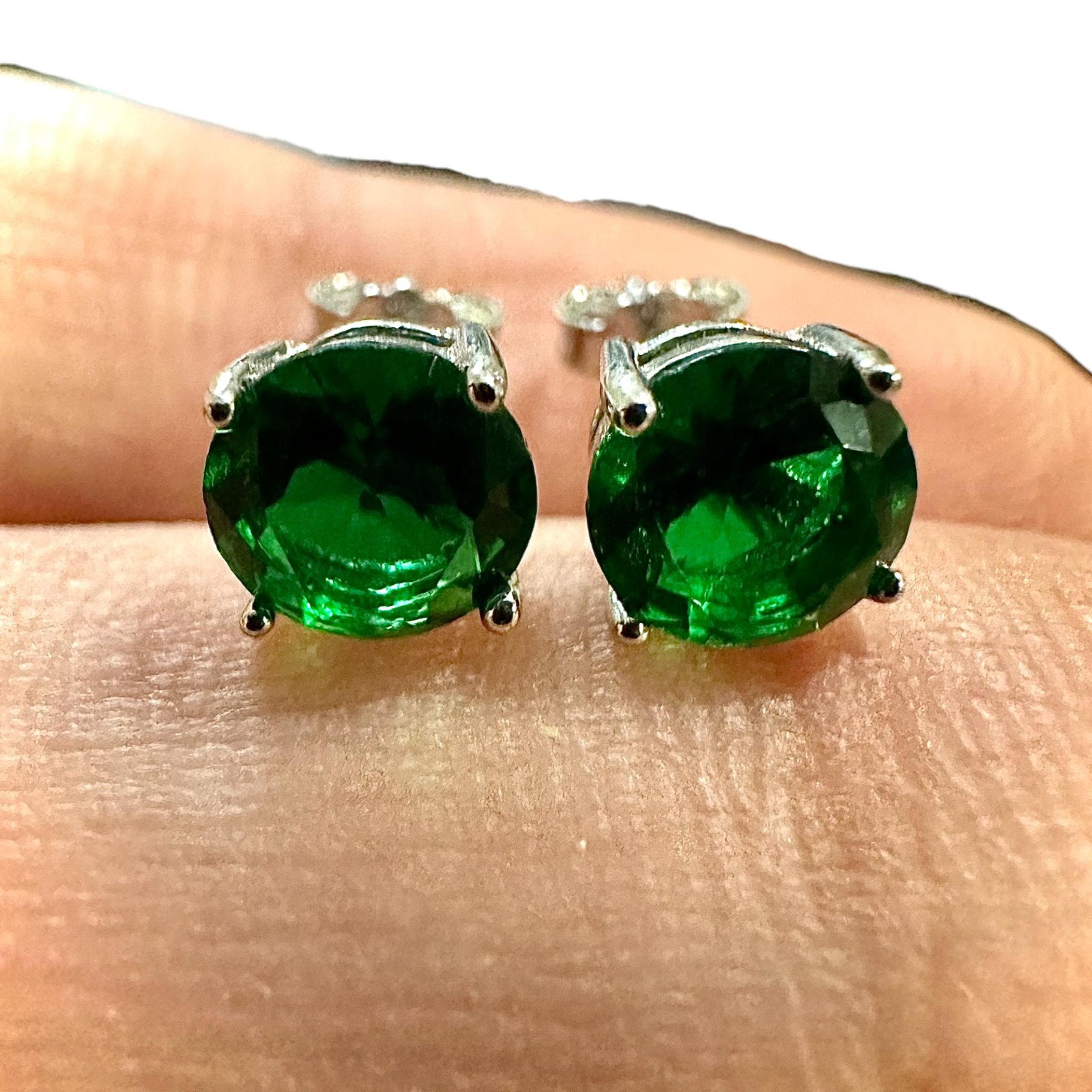 Emerald Earrings Sterling Silver 925 Round Stud Earrings for Women lab-created