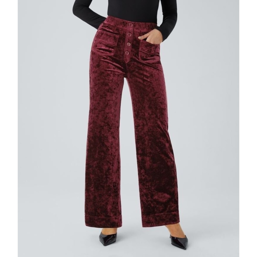 HALARA High Rise Button Multiple Pockets Straight L Velvet Pants Burgundy NWT A2