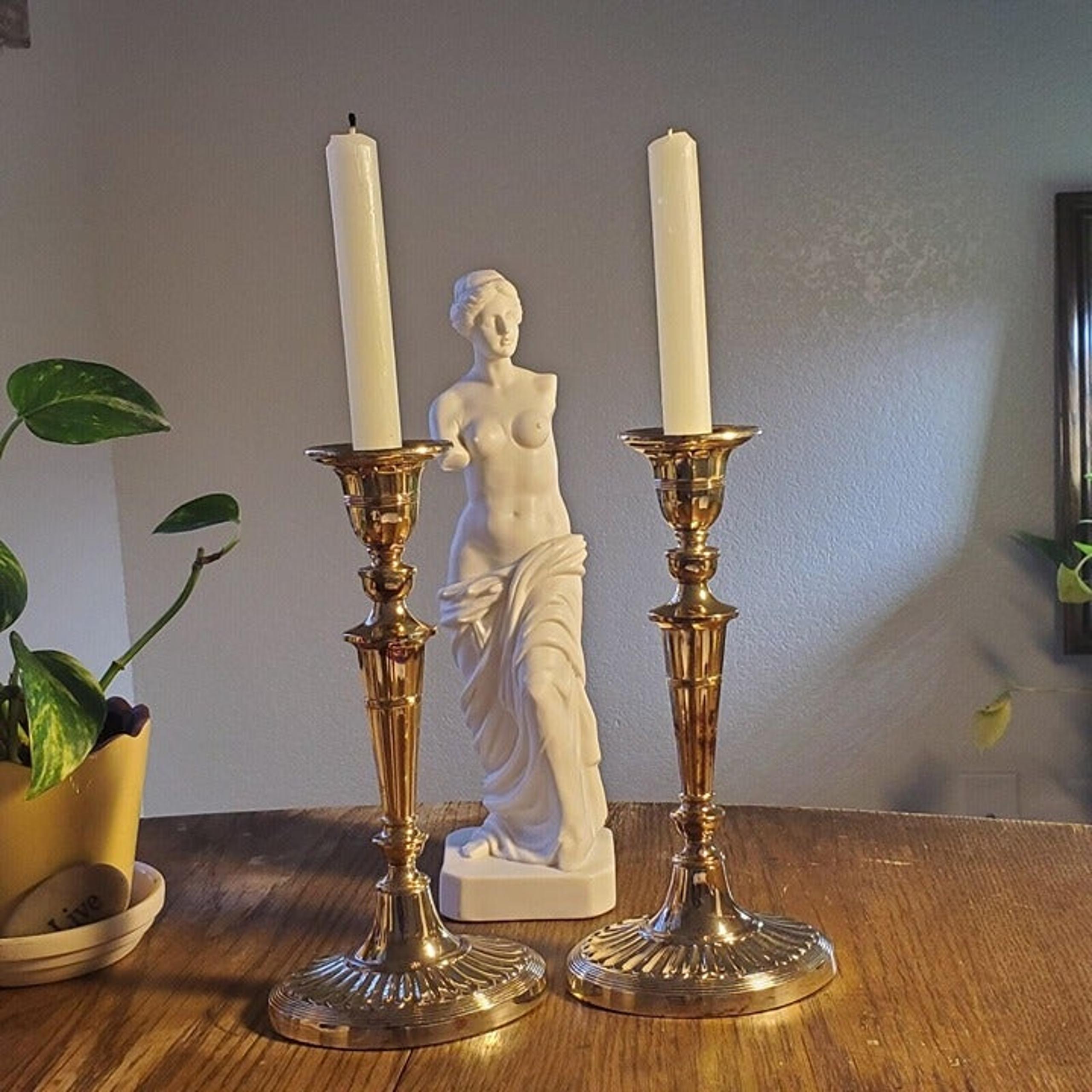 VTG Pre 1950 Gorham Newport Candlesticks (2) Silver Plated Gold Tone Fluted 9"