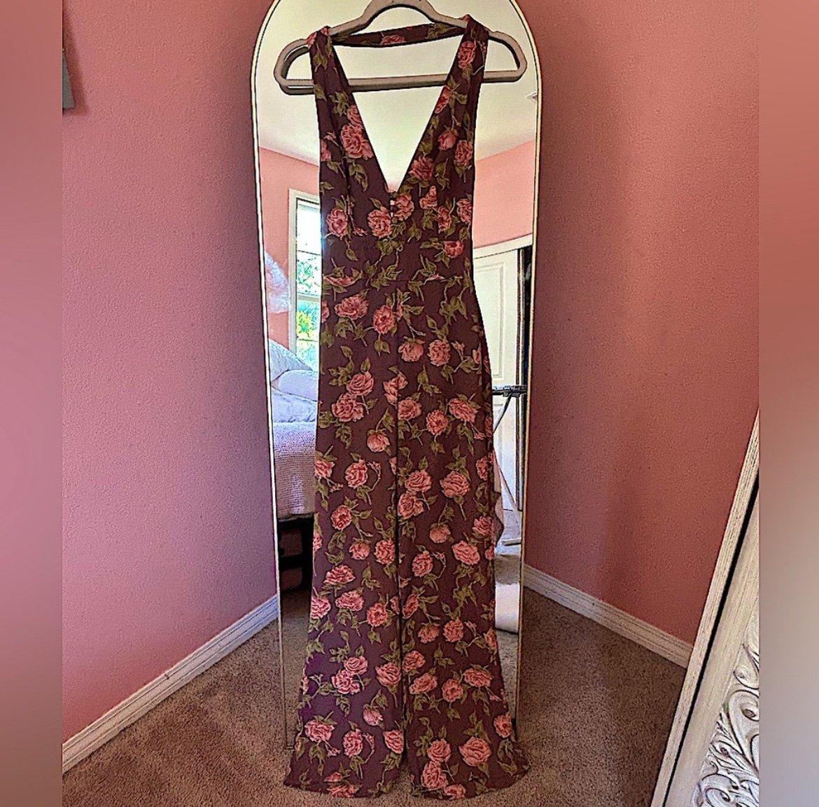 Flynn Skye Mauve Bloom floral halter romper size Xs, wide leg, romantic , retro