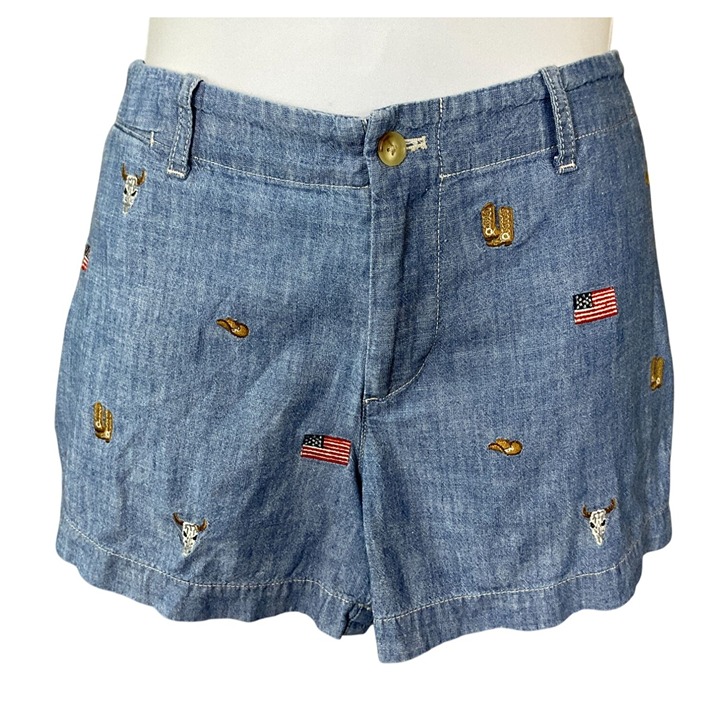 Polo Ralph Lauren Embroidered Chambray Shorts Pockets Western Embroidery Size 8