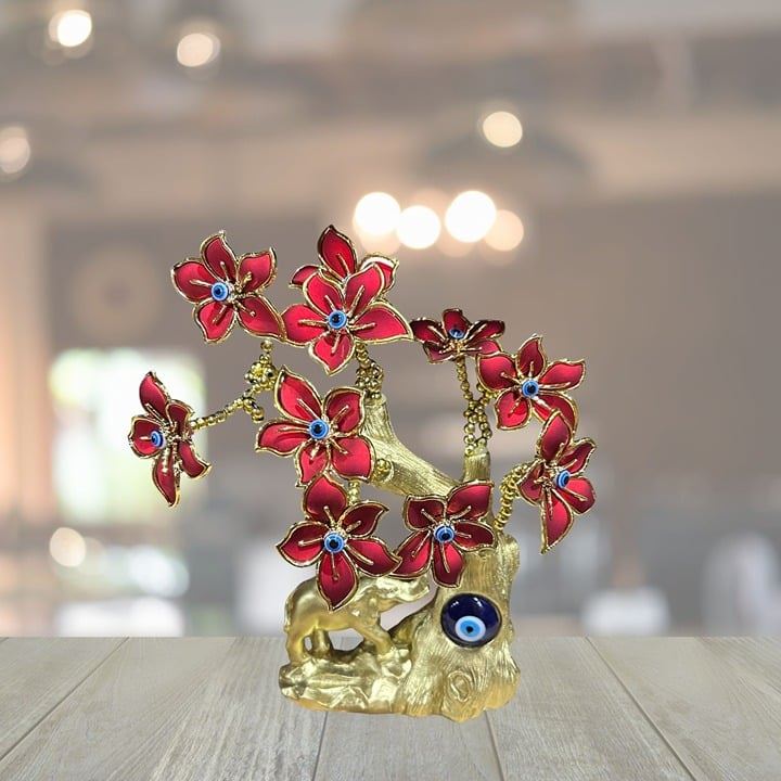 Red Flower Gold-Plated Tree Figurine with Evil Eye Protection, Home Decor Artisa