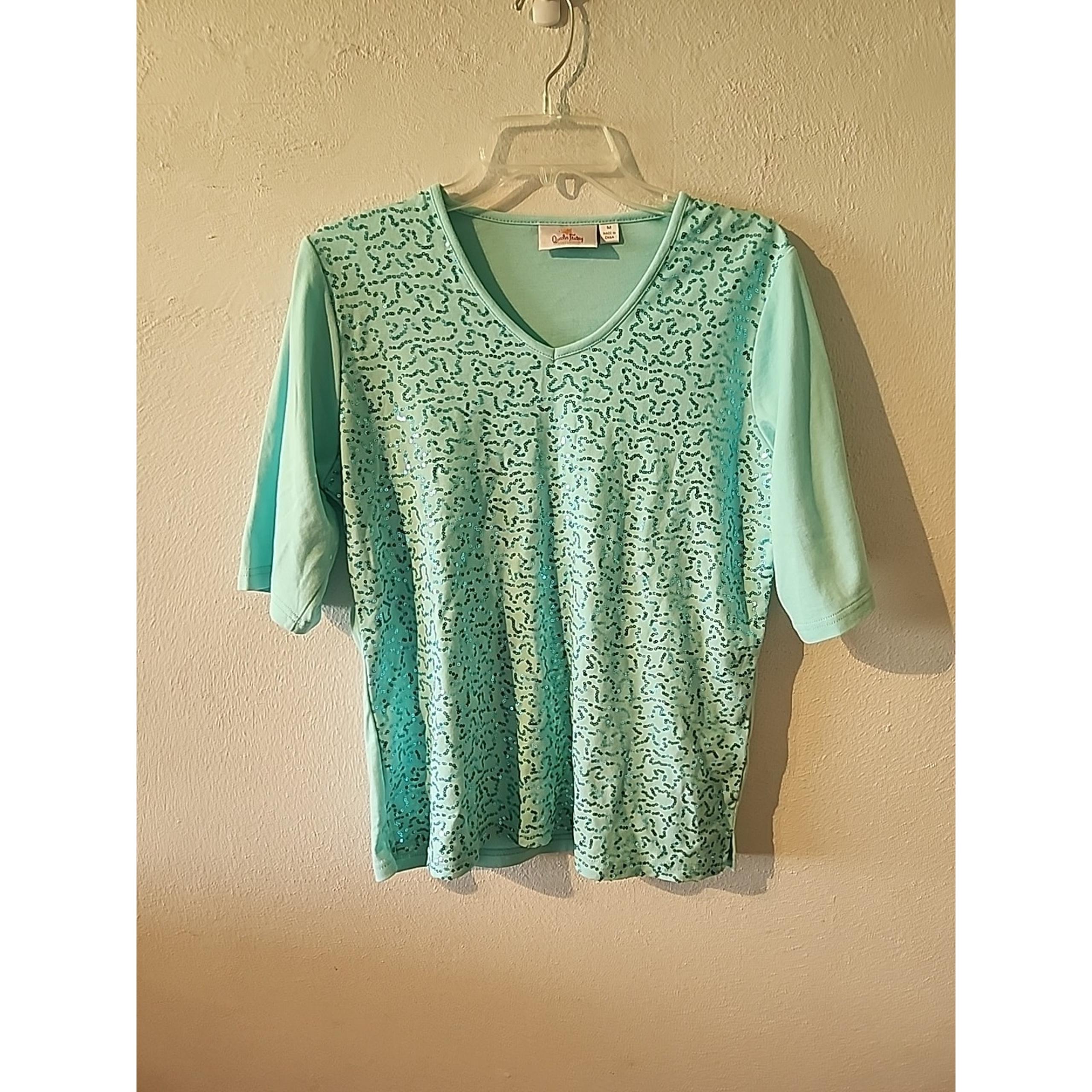 Quacker Factory Shirt Top Medium Baby Blue Sequins Bling Short Sleeve