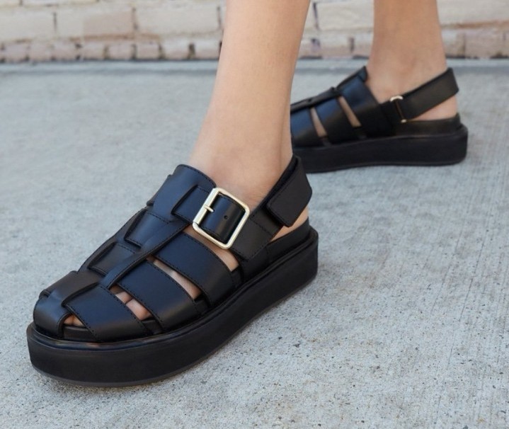 Loeffler Randal 'Judd' Black Fisherman Sandals Women's 6 Leather Buckle