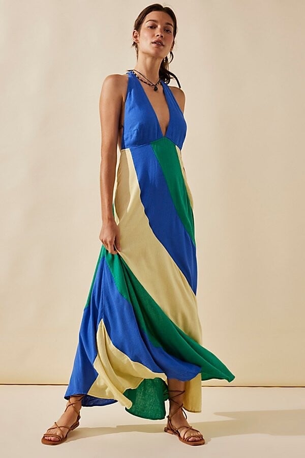 Free People Give Me A Spin Colorblock Tie Back Halter Midi Sz M NEW
