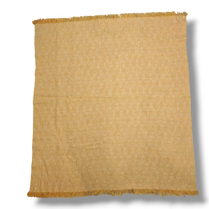 Vintage Kenwood Wool Blanket Golden Yellow Patterned 55x64 Fringe Retro Cottage