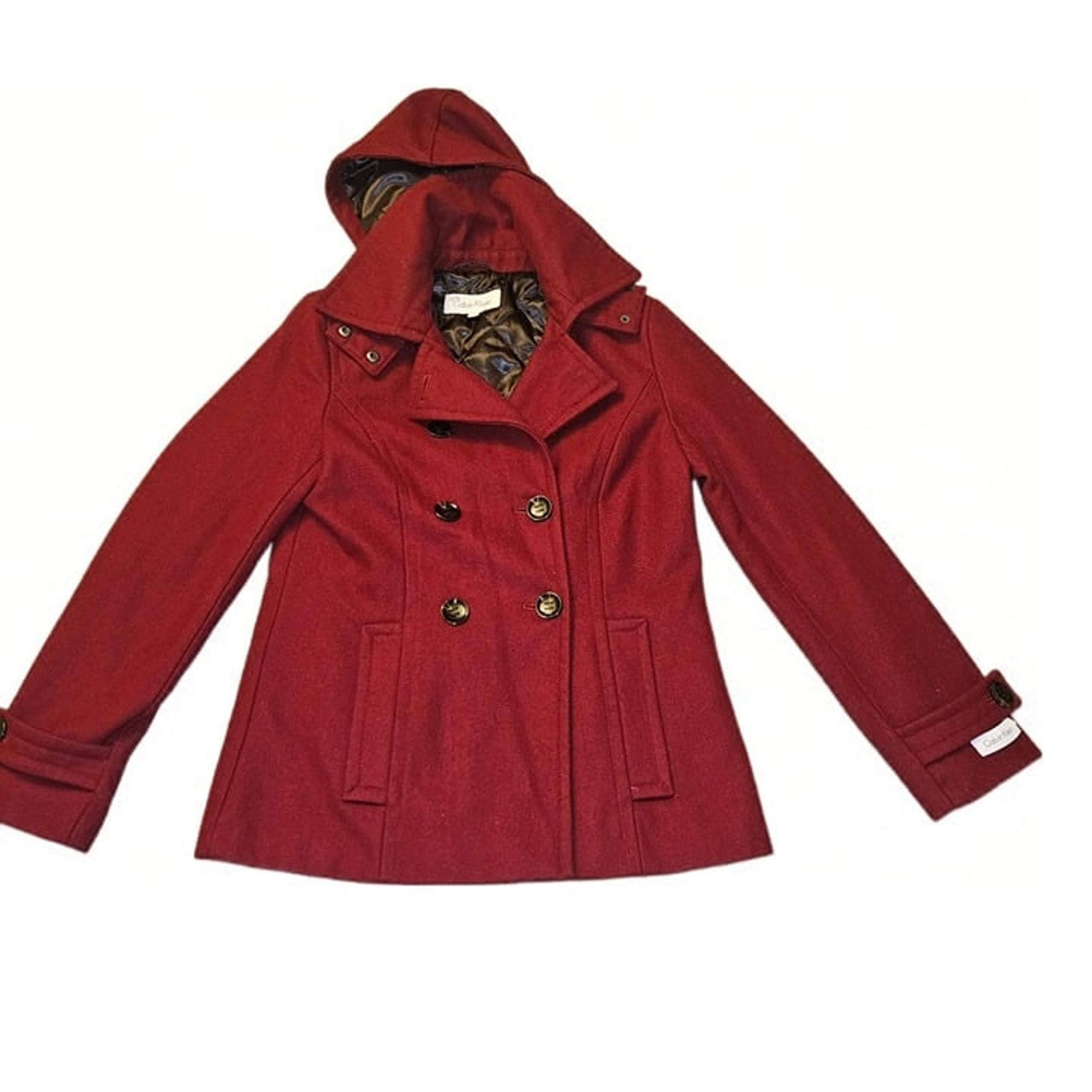 Calvin Klein Red Hooded Peacoat Coat Women's 4 Wool Blend Read Description Below