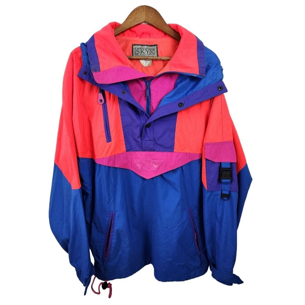 VTG 90s Skyr Mens Large 1/2 Zip Pullover Hooded Windbreaker Jacket Orange Purple