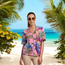 Women Top ALFRED DUNNER Hawaiian Multicolored Floral Blouse Button Up Silk Shirt