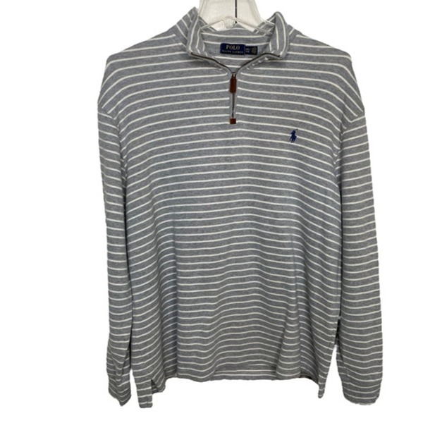 Polo Ralph Lauren Mens Long Sleeve Grey and White Stripes Knit Sweater Size XXL