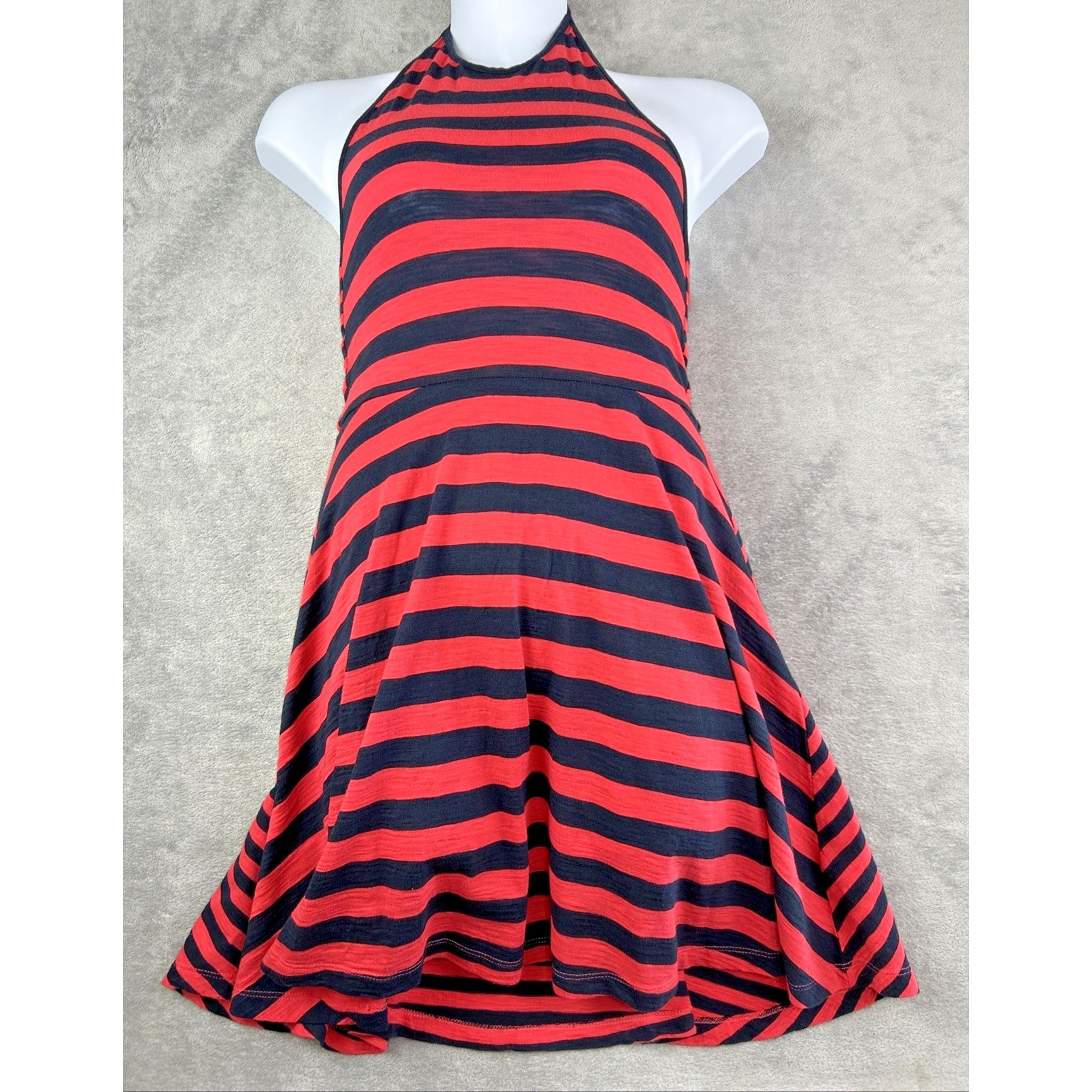 French Connection L Red Blue Striped Halter Dress Skater Flare Festival NWT