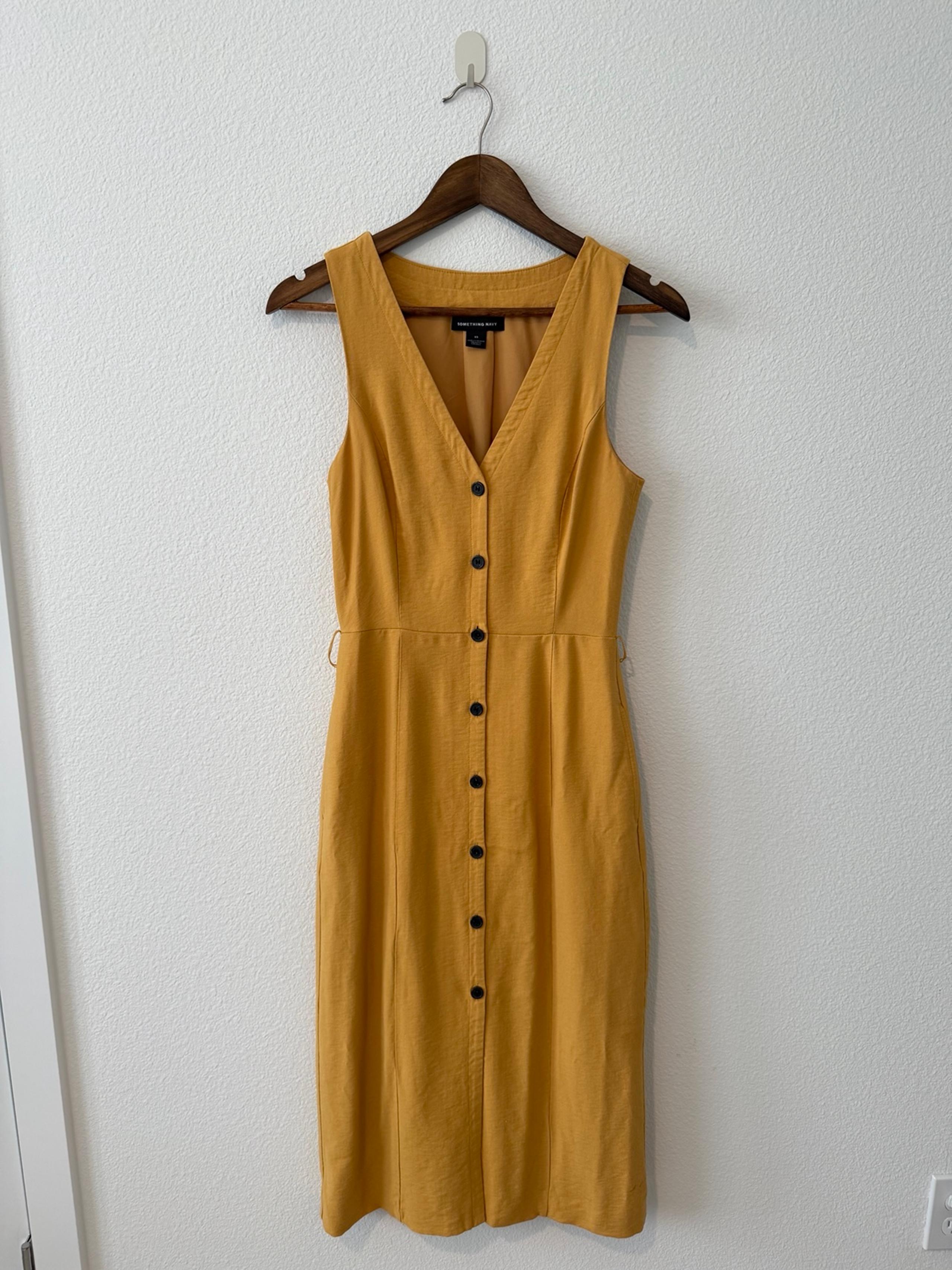 Something Navy Lined Linen Look Button Front Midi Dress XS