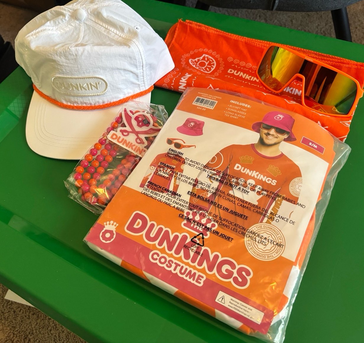 Dunkings Costume(S/M), White Dunkin Hat, Necklace, Dunkin Sunglasses & Bandana