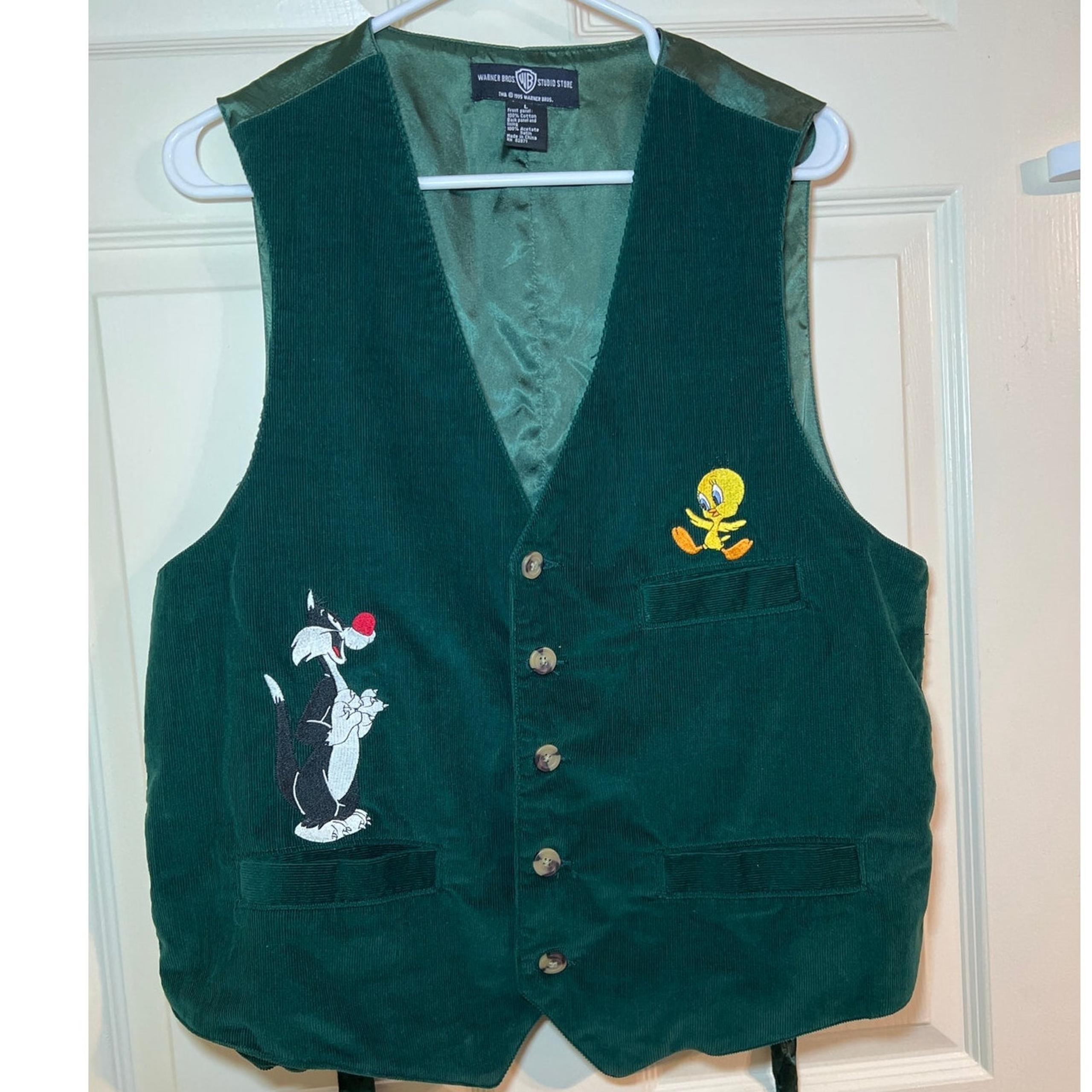 Warner Brothers Studio Store Vest Green Corduroy Mens L Sylvester Tweety