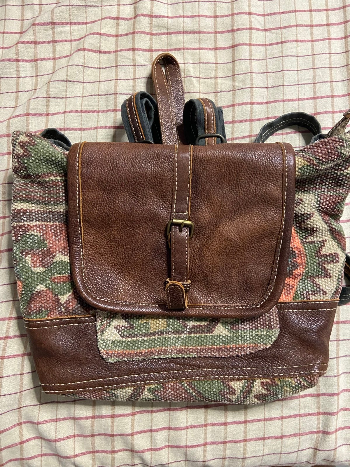 MYRA BAG Brown Leather Trim Canvas Backpack