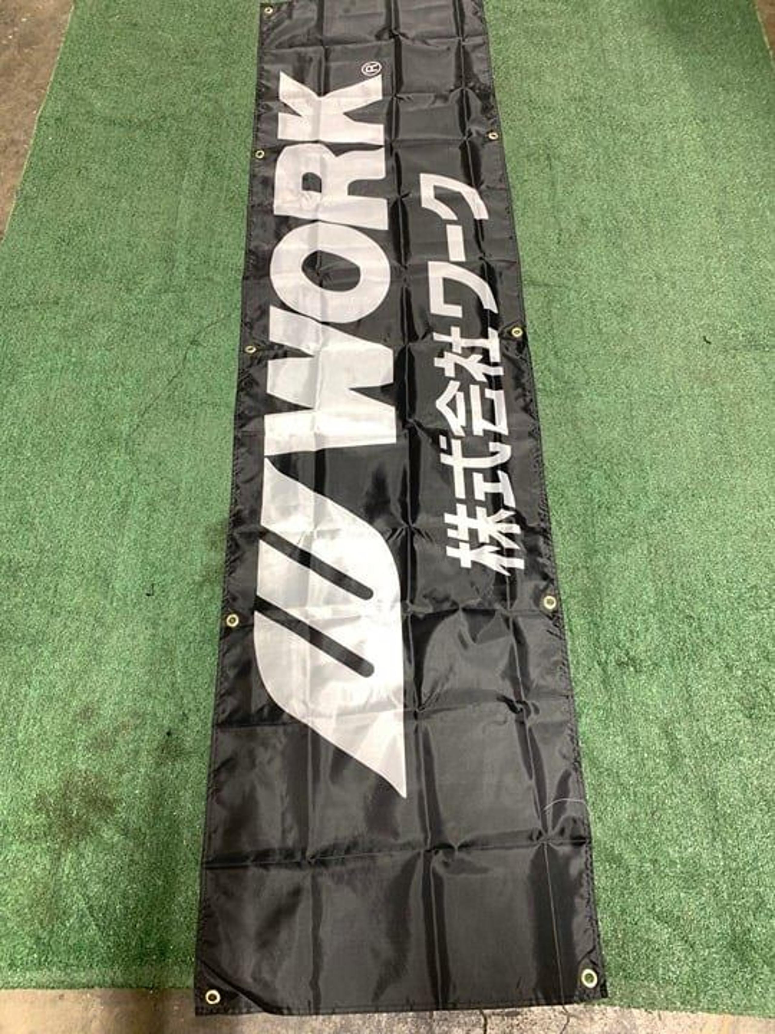 Work Racing Black Banner Flag 2x8ft 60x240cm Poly Garage Shop Wall Decor