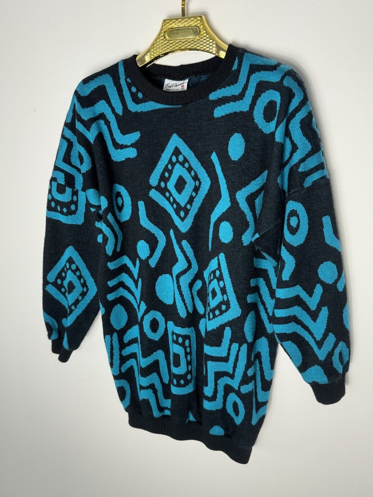 Vintage 80s Knit Acrylic sweater Pullover Enchante Blue black unisex size Medium