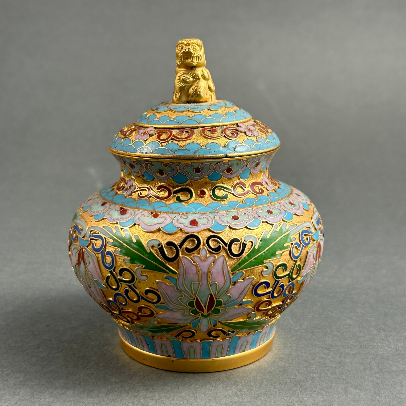 Vintage Chinese Cloisonne with Lotus and Lion Detail