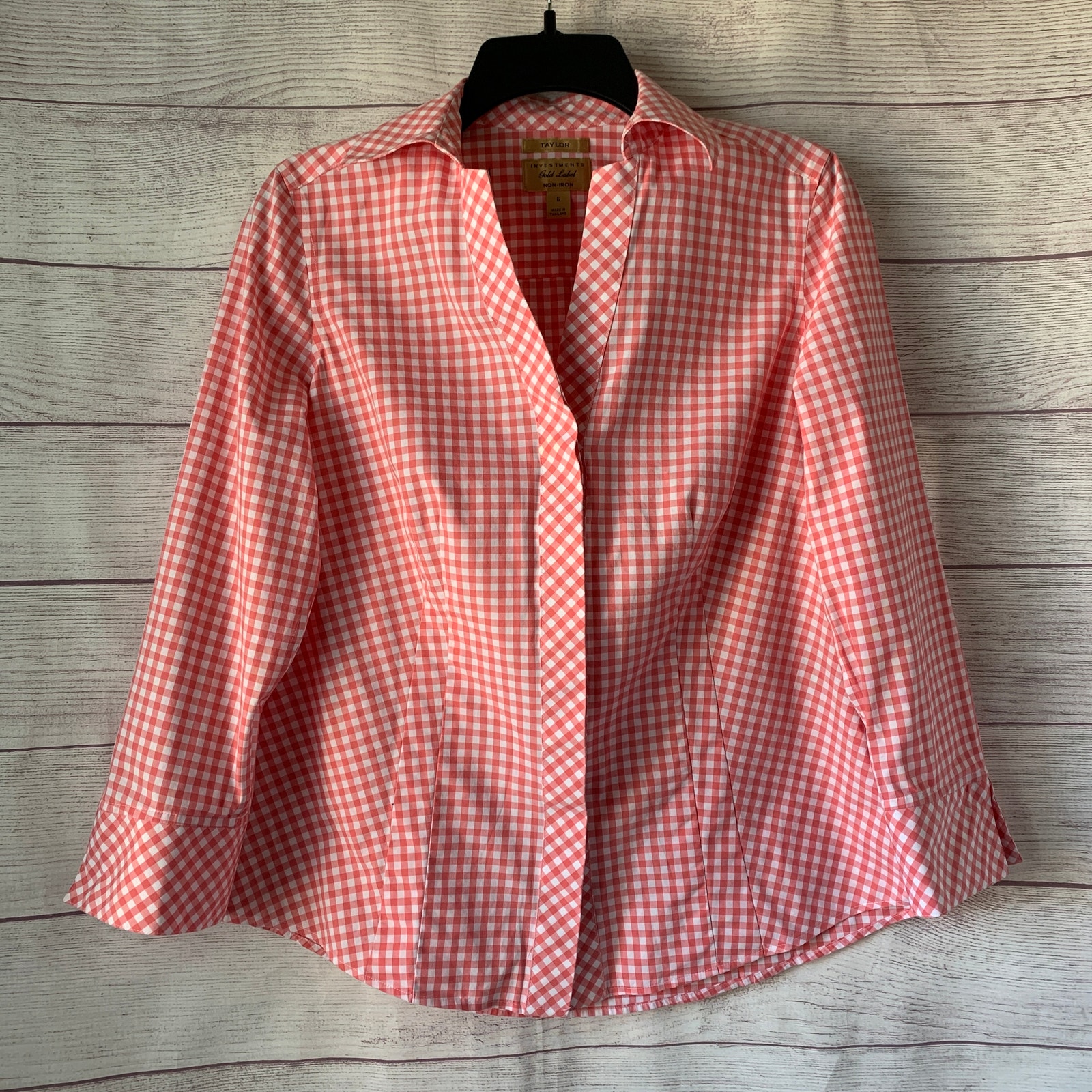 Taylor Investments Gold Label Pink White Gingham Check Button Up Shirt Size 6