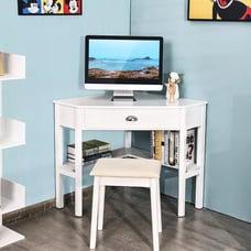 Triangle Computer Desk Corner Office Desk Laptop Table w/ Drawer Shelves White