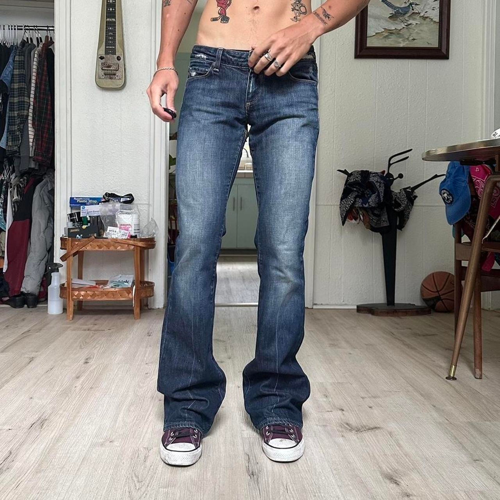 Vintage 00s Paige Low Rise Dark Blue Denim Flare Jeans Pants