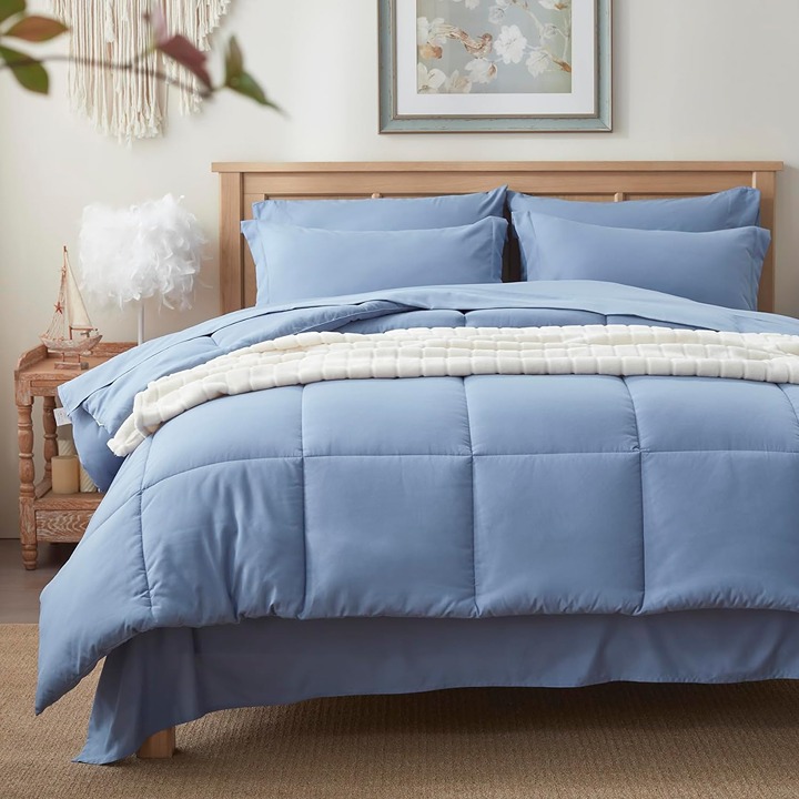 Queen Size Bed in a Bag 7 Pieces, Greyish Blue Bed Comforter