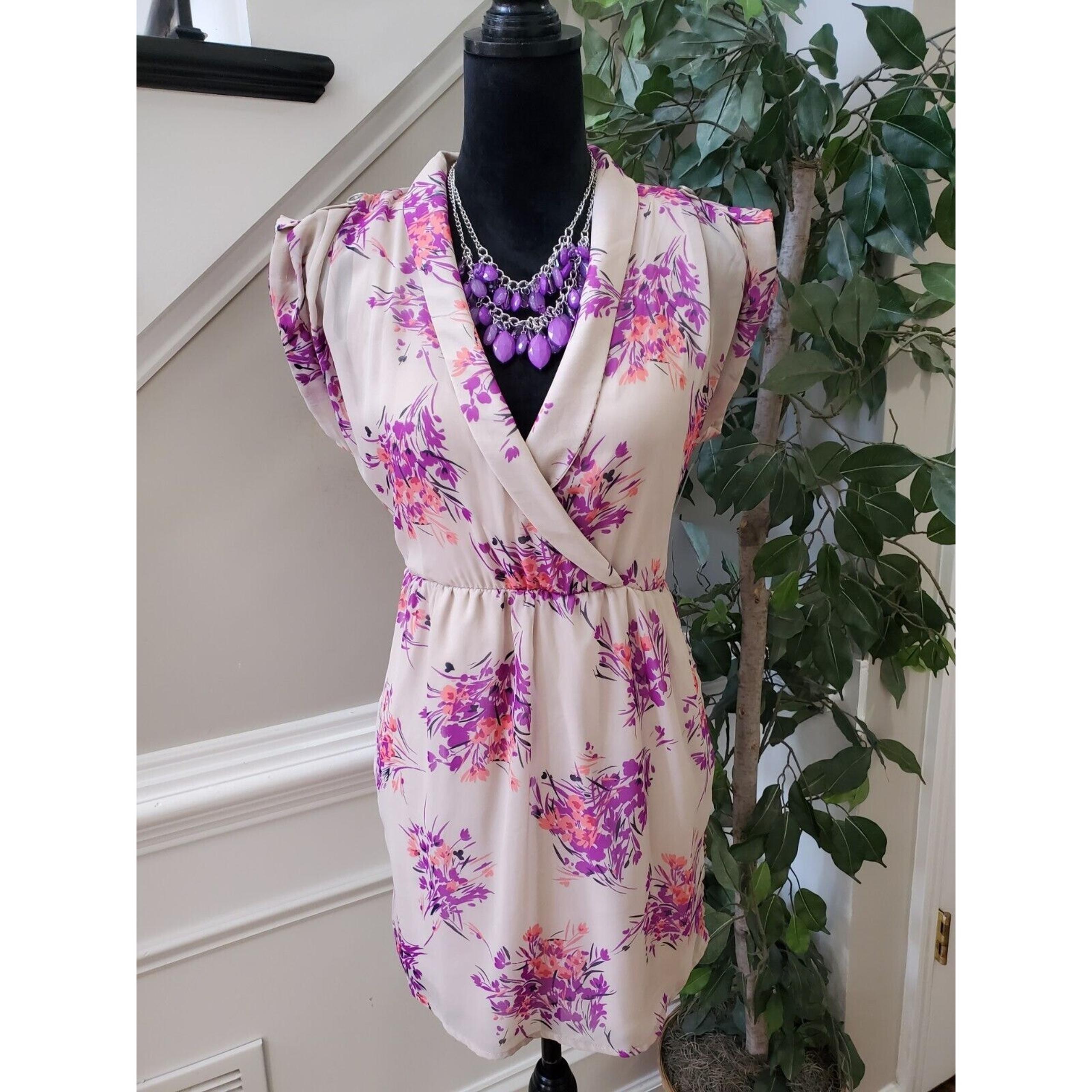Forever 21 Women Pink & Purple V-Neck Short Sleeve Knee Length Faux Wrap Dress S