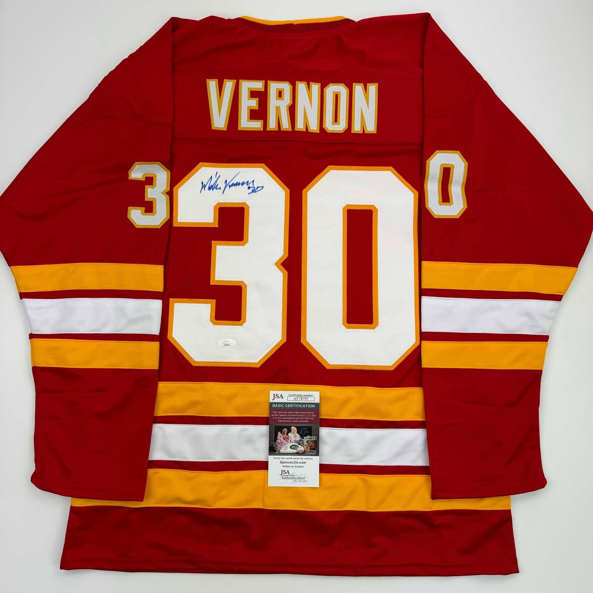 Autographed/Signed Mike Vernon Calgary Red Jersey JSA COA