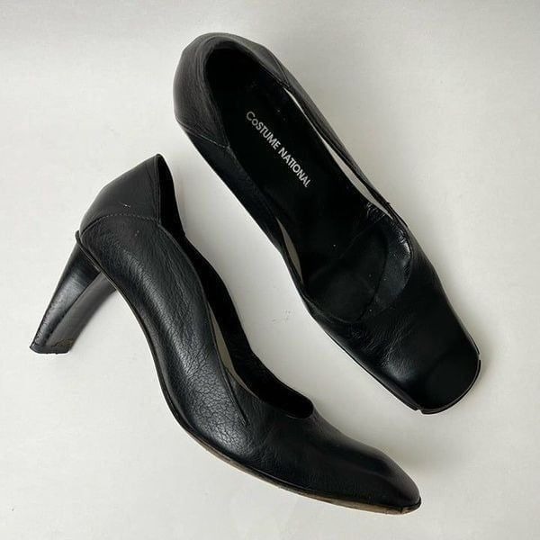 Costume National Black Leather Pumps US 6 36 Made in Italy 3” High Heels Shoes
