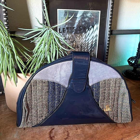 Vintage designer Joanna Louca patent leather metallic suede shell clutch bag