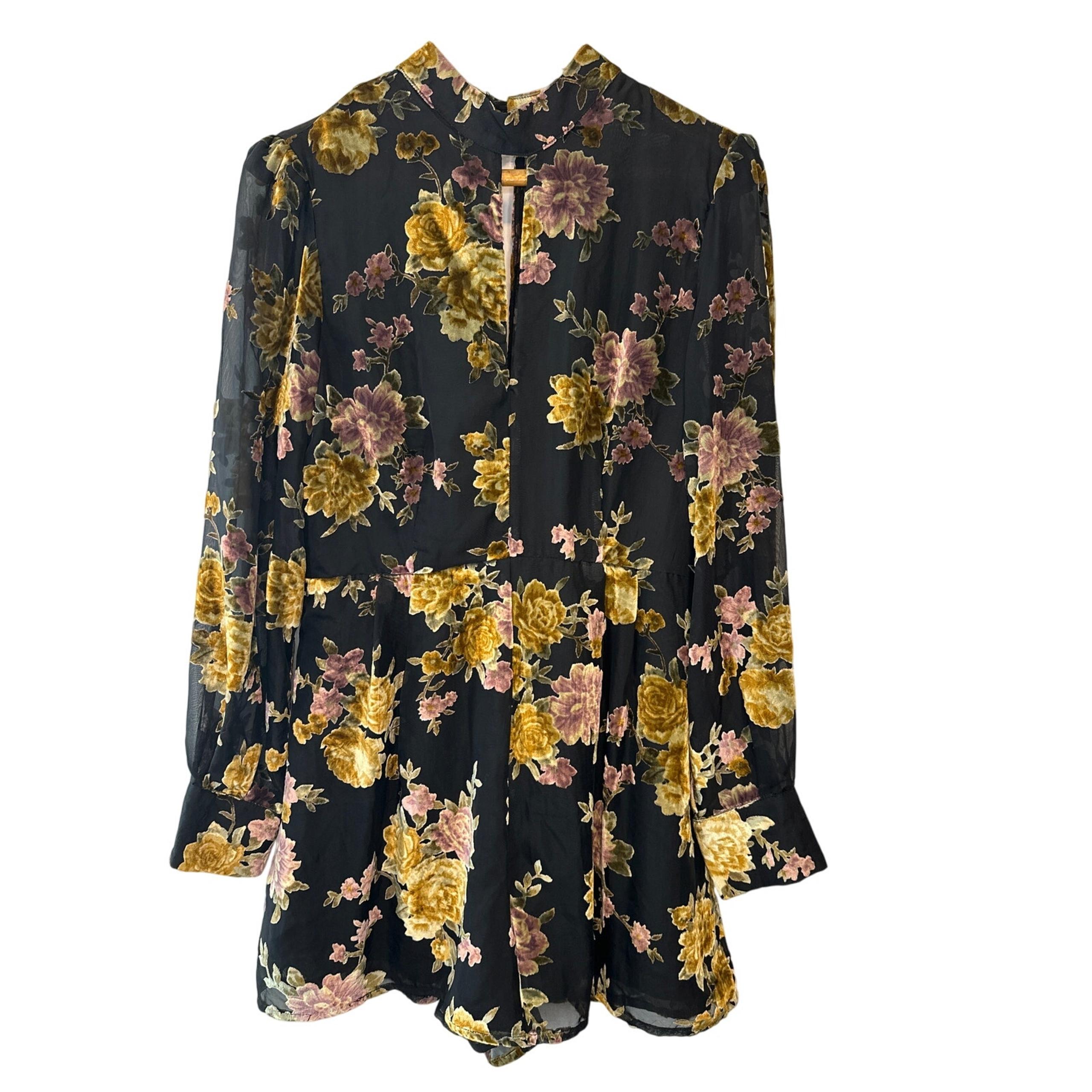 ASTR The Label High Neck Black & Gold Floral Velvet & Chiffon Romper Size Large