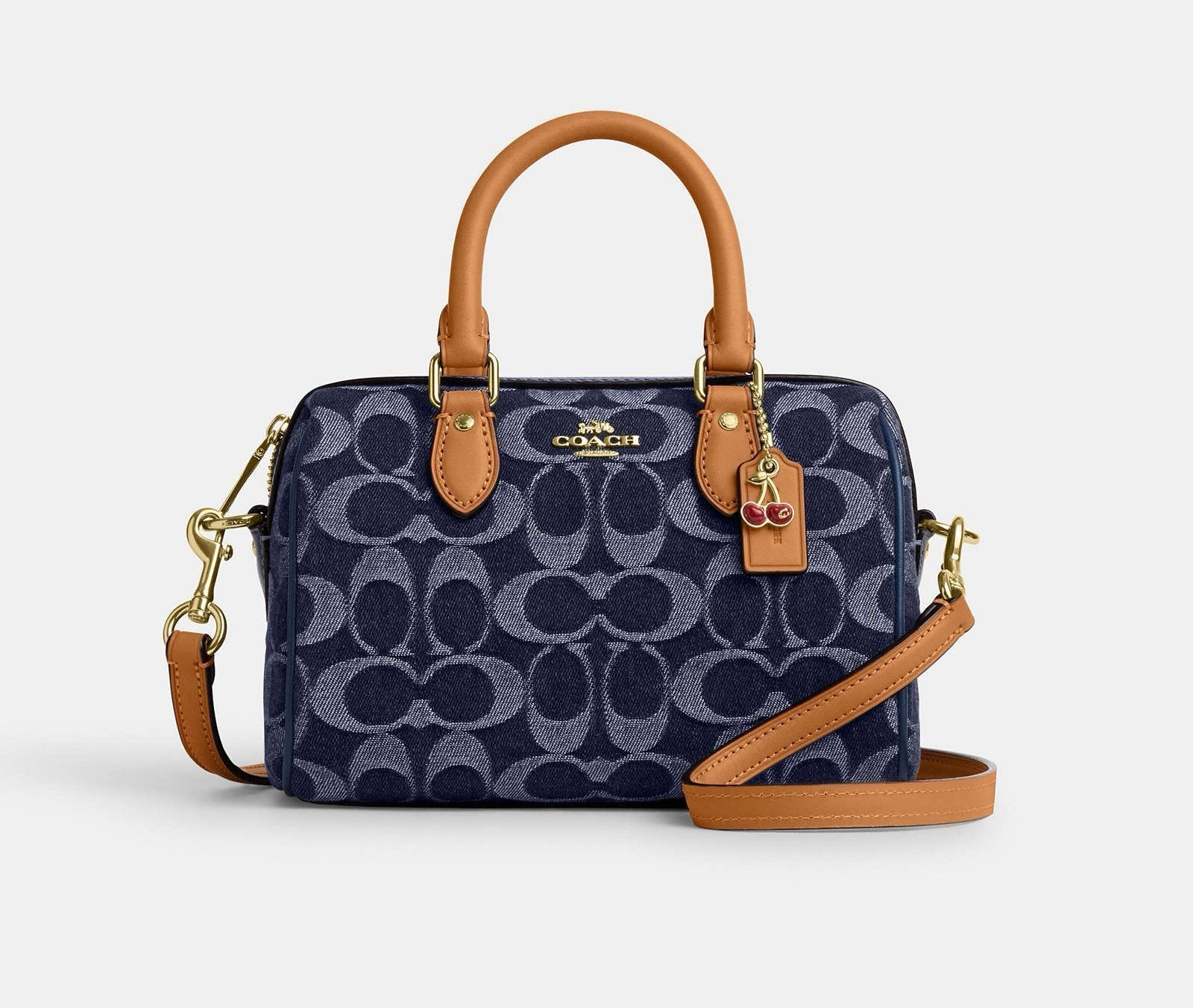 Coach Mini Rowan Crossbody Bag In Signature Denim With Cherry Charm NEW