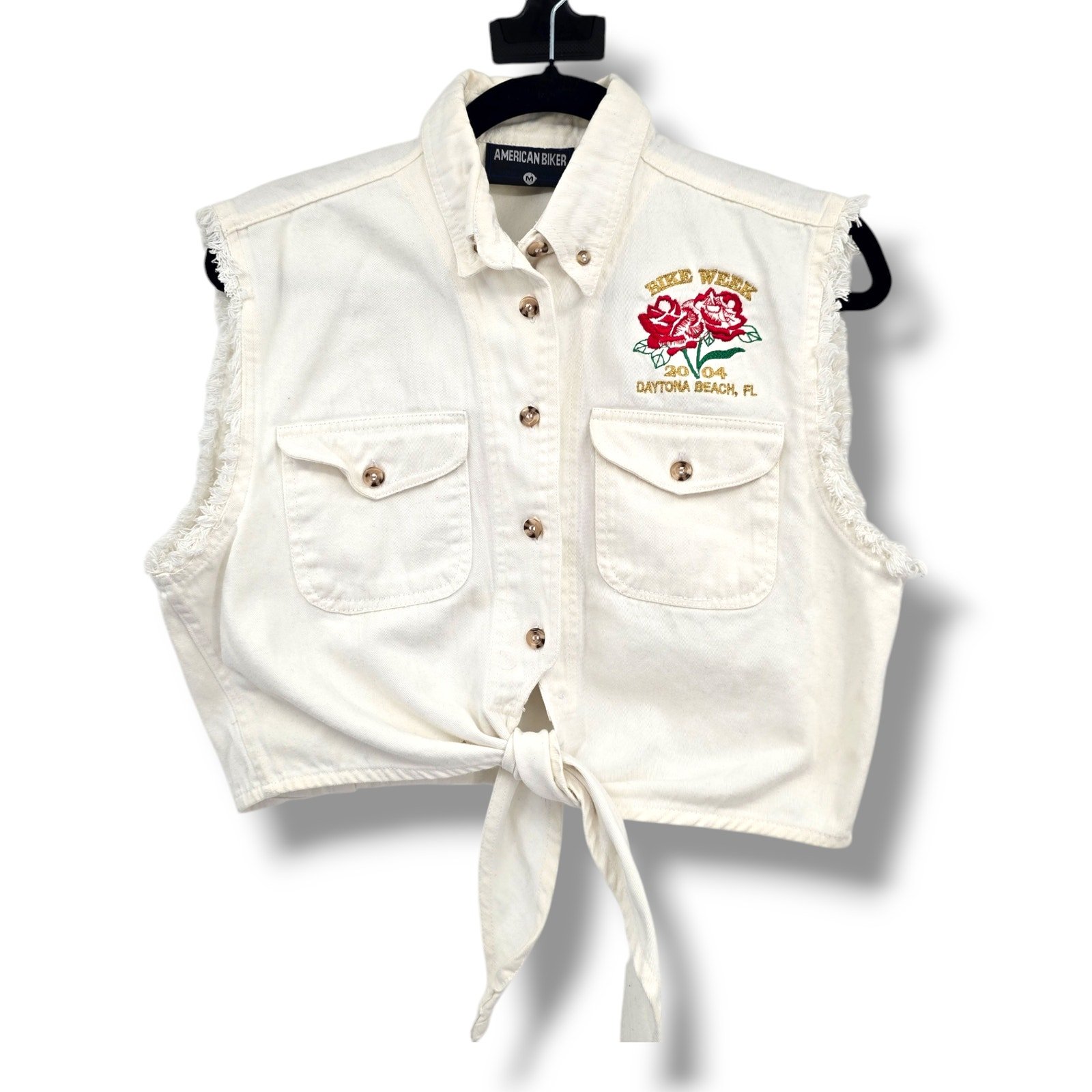 American Biker Women's Distressed Cropped Embroidered Daytona Beach 2004 Shirt