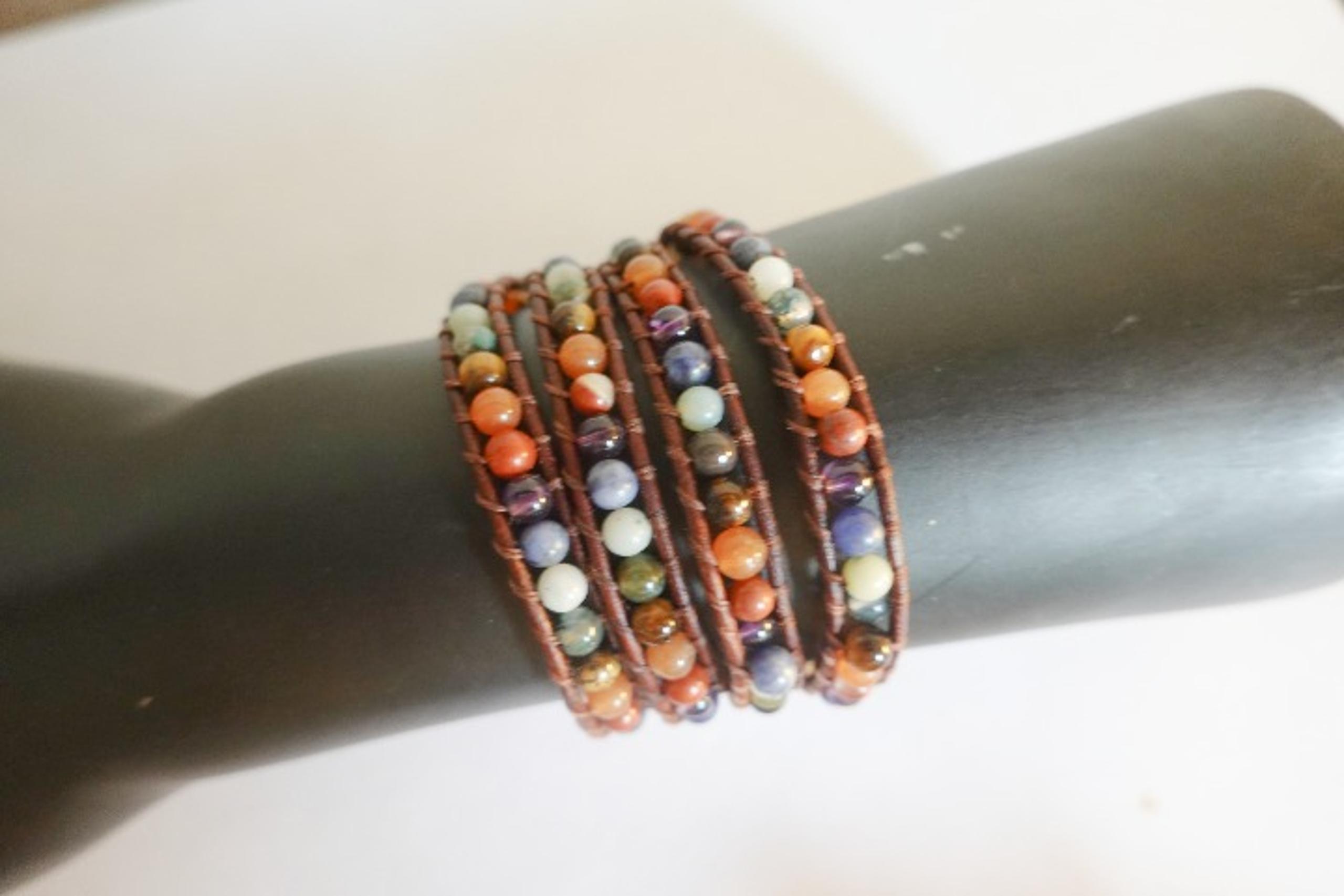 Boho Natural Gemstone Leather Wrap Bracelet