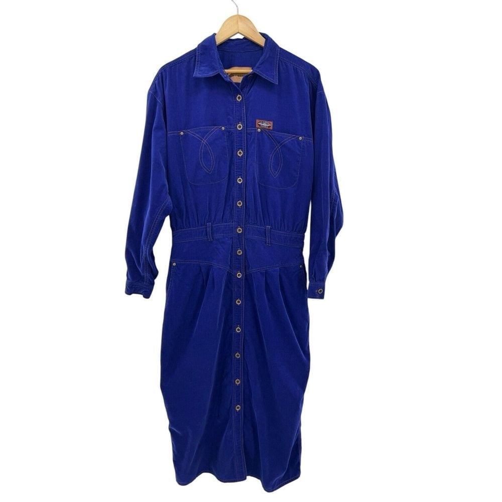 Women's Vintage Liz Claiborne Shirt Dress Western Style Blue Corduroy Midi 90's