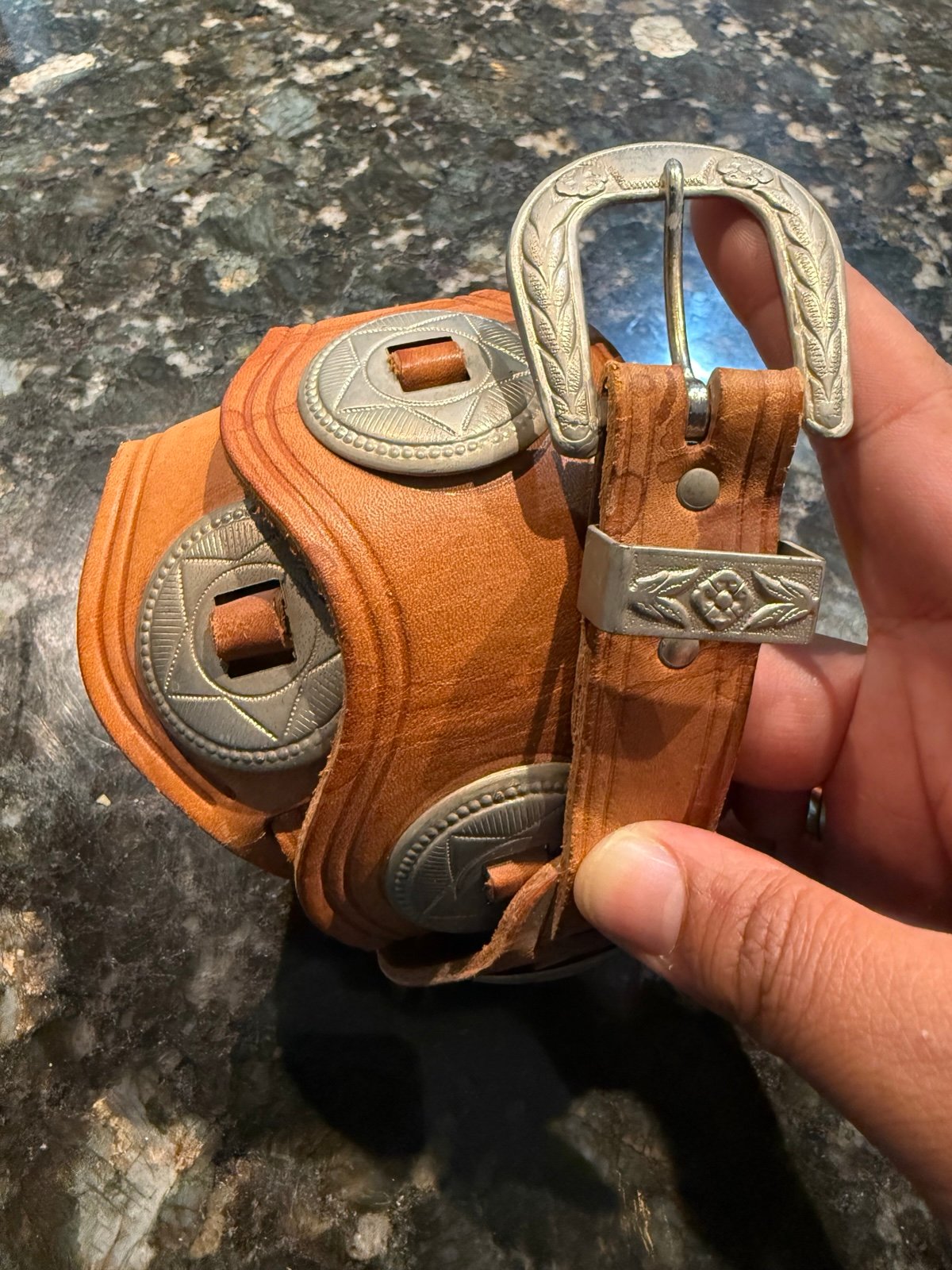 Vintage Navajo Style Western Buckle BELT Leather Concho Tan Silver M/L 35”