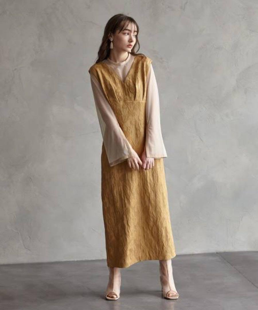 AIMER V-neck Jacquard Tight Party Dress with Tulle Blouse, Yellow, Size S