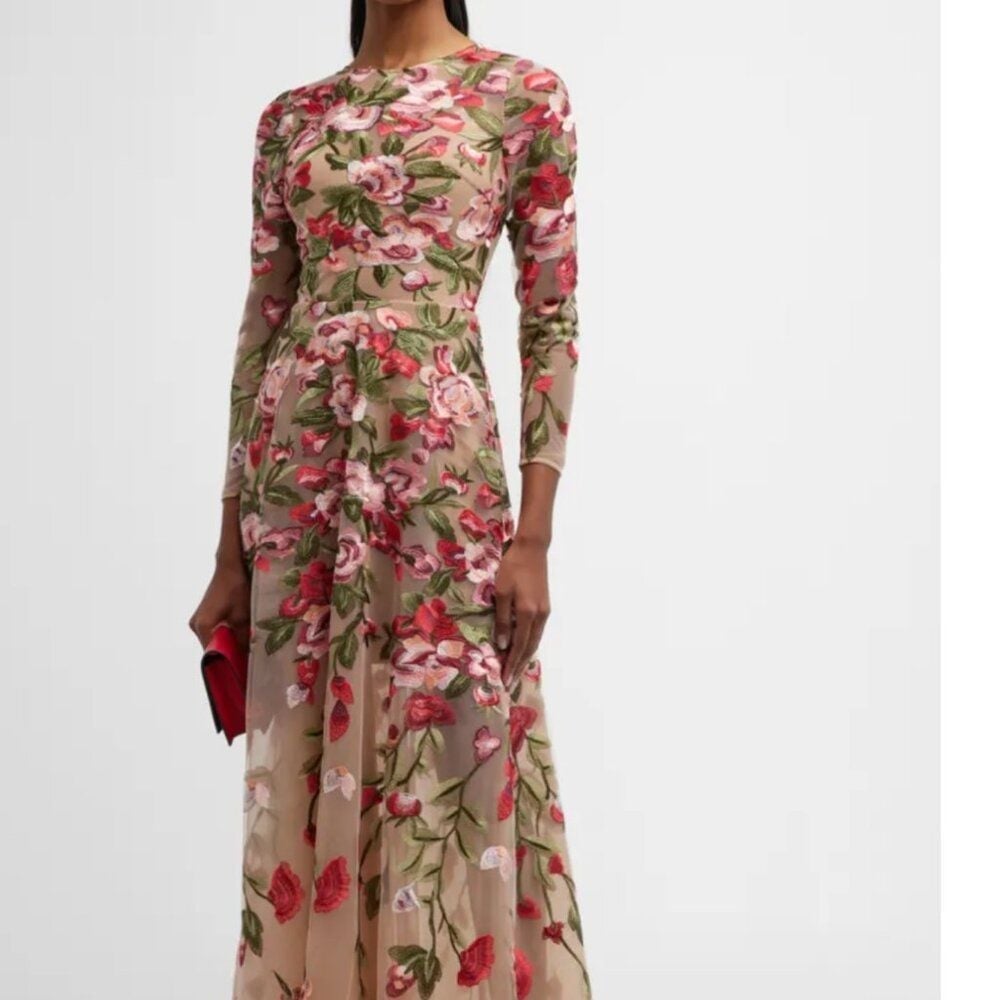 Dress the population Floral-Embroidered long sleeve-Sleeve Womens Gown nwot