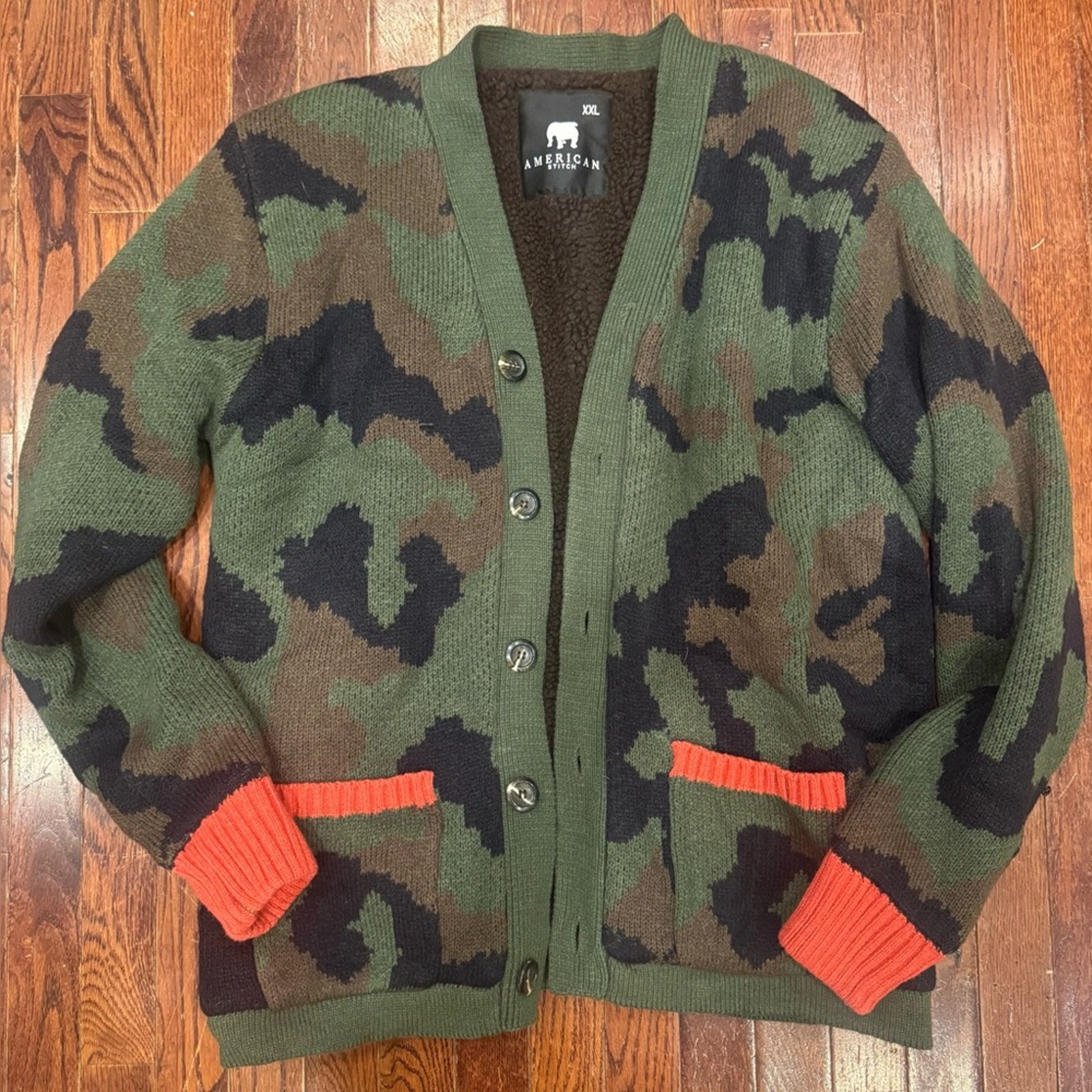 American Stitch Cardigan Coat Jacket Camo Men’s 2XL XXL Brown Fleece Lined Warm