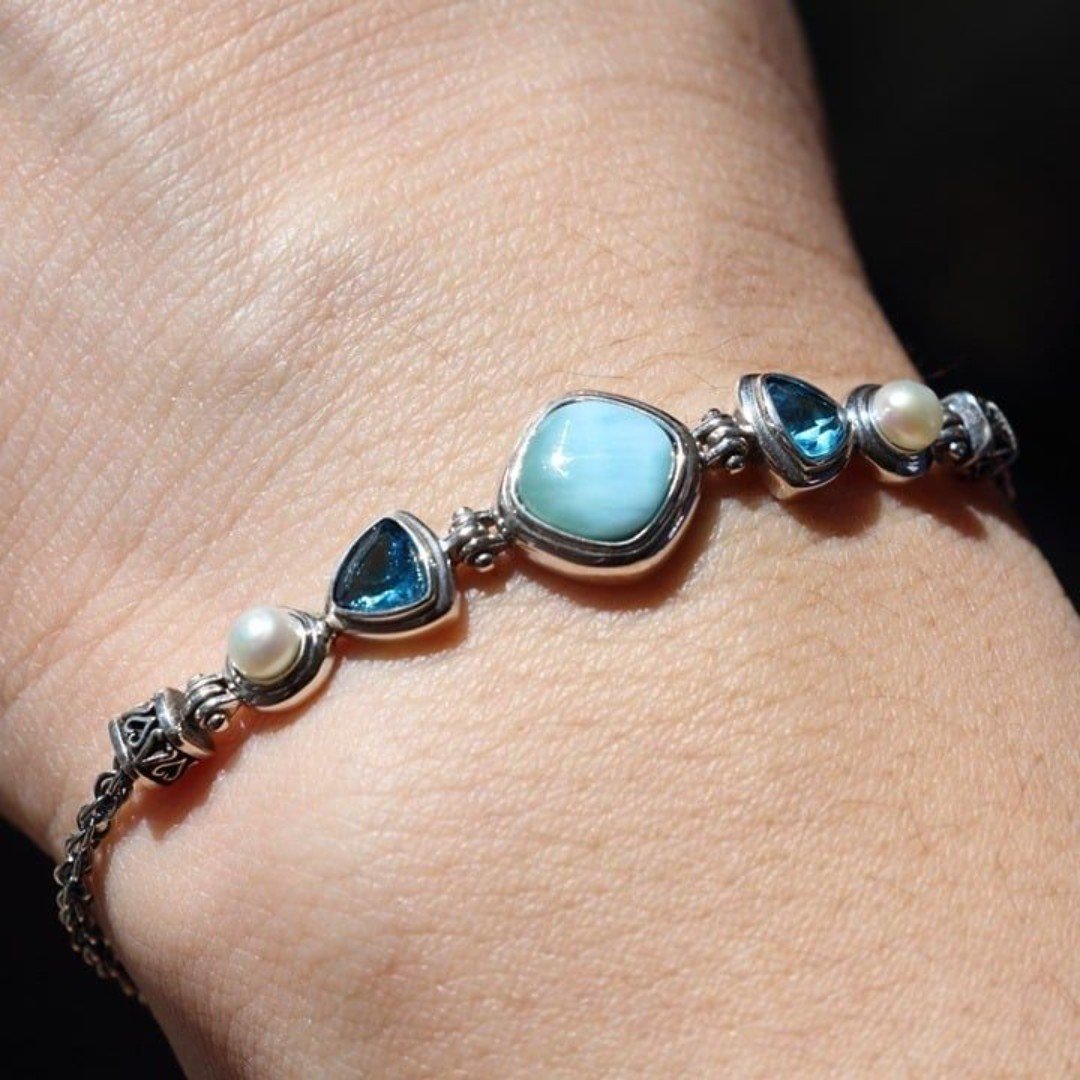 Larimar Bracelet Pearl, Topaz 925 Sterling Silver Bracelet Gemstone Bracelet